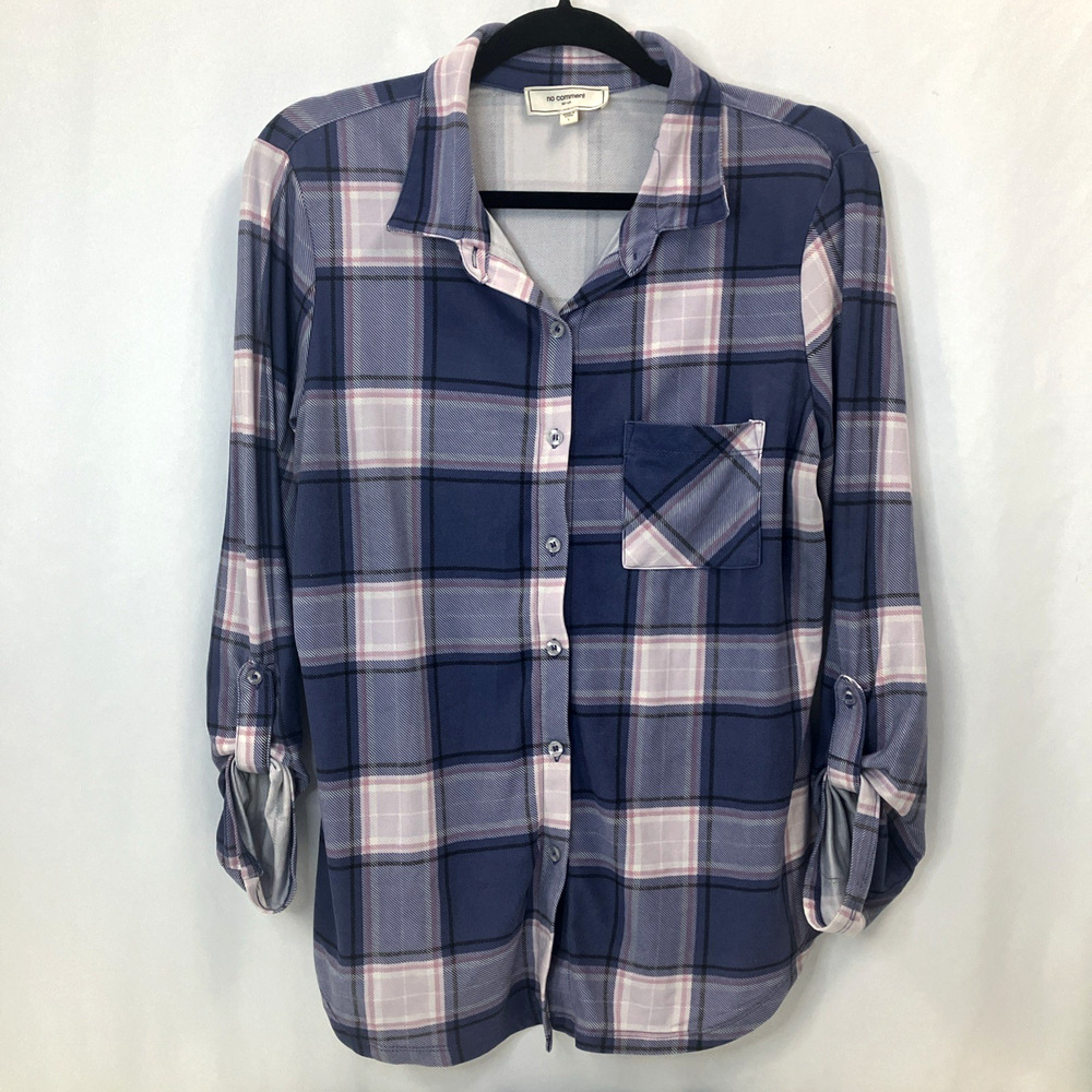 No Comment NY LA Blue Plaid Button Front Shirt Long Sleeve Women's size L Large